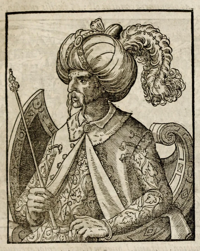 An illustration from Chronicorvm Tvrcicorvm, in quibus Tvrcorvm origo, principes, imperatores, bella, praelia, caedes, victoriae, reiqve militaris ratio, et caetera huc pertinentia ... exponuntur; et Mahometicae religionis instituta, iudiciorumq. processus, & aulae constitutio; procerum item ac populi mores, vitaeq. degendae ratio percensetur: accessere, Narratio de Baiazethis filiorvm seditionibvs; Tvrcicarvm item rerum epitome; ... et Iohannis Aventini Liber, in quo causae miseriarum, quibus Christiana respub. premitur, indicantur ... tomvs primvs, 1578, leaf 1021
