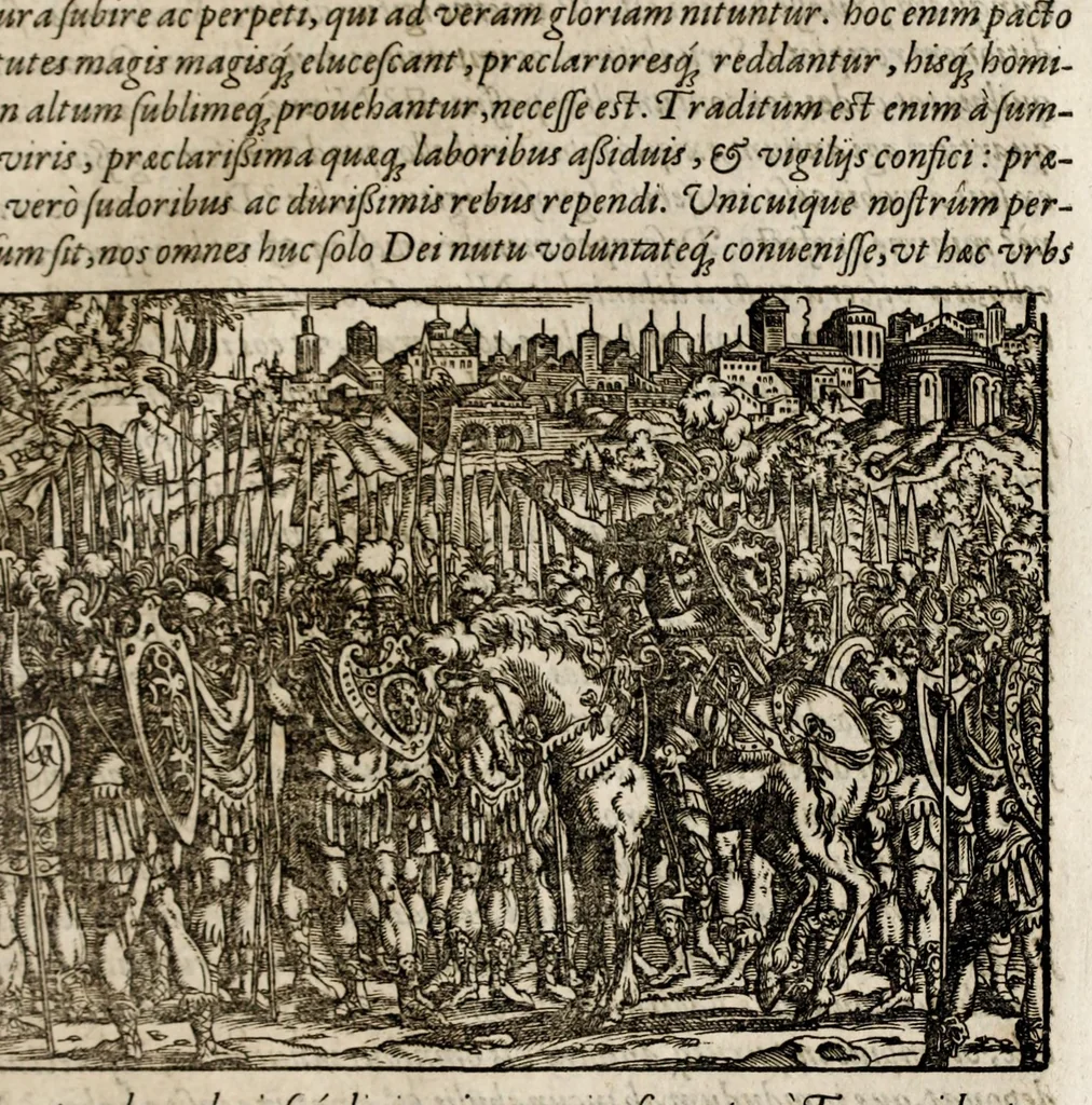 An illustration from Chronicorvm Tvrcicorvm, in quibus Tvrcorvm origo, principes, imperatores, bella, praelia, caedes, victoriae, reiqve militaris ratio, et caetera huc pertinentia ... exponuntur; et Mahometicae religionis instituta, iudiciorumq. processus, & aulae constitutio; procerum item ac populi mores, vitaeq. degendae ratio percensetur: accessere, Narratio de Baiazethis filiorvm seditionibvs; Tvrcicarvm item rerum epitome; ... et Iohannis Aventini Liber, in quo causae miseriarum, quibus Christiana respub. premitur, indicantur ... tomvs primvs, 1578, leaf 1035