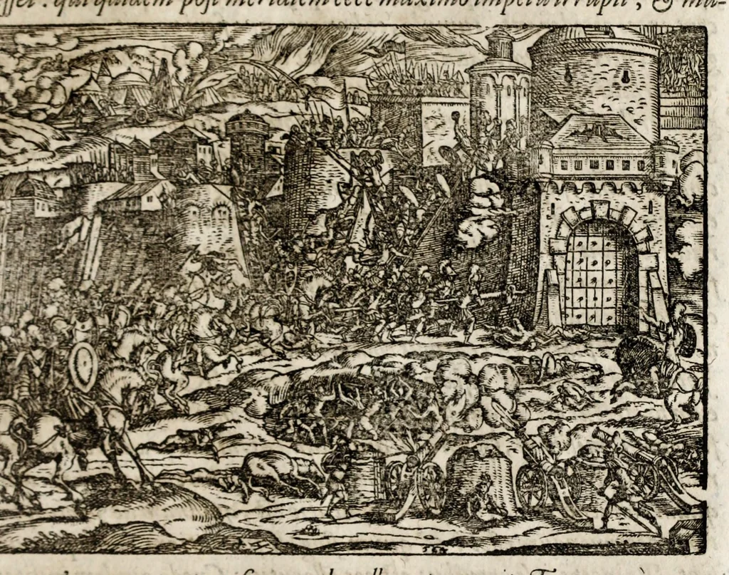 An illustration from Chronicorvm Tvrcicorvm, in quibus Tvrcorvm origo, principes, imperatores, bella, praelia, caedes, victoriae, reiqve militaris ratio, et caetera huc pertinentia ... exponuntur; et Mahometicae religionis instituta, iudiciorumq. processus, & aulae constitutio; procerum item ac populi mores, vitaeq. degendae ratio percensetur: accessere, Narratio de Baiazethis filiorvm seditionibvs; Tvrcicarvm item rerum epitome; ... et Iohannis Aventini Liber, in quo causae miseriarum, quibus Christiana respub. premitur, indicantur ... tomvs primvs, 1578, leaf 1049