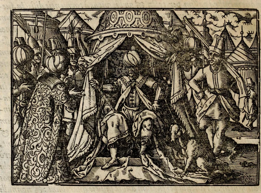 An illustration from Chronicorvm Tvrcicorvm, in quibus Tvrcorvm origo, principes, imperatores, bella, praelia, caedes, victoriae, reiqve militaris ratio, et caetera huc pertinentia ... exponuntur; et Mahometicae religionis instituta, iudiciorumq. processus, & aulae constitutio; procerum item ac populi mores, vitaeq. degendae ratio percensetur: accessere, Narratio de Baiazethis filiorvm seditionibvs; Tvrcicarvm item rerum epitome; ... et Iohannis Aventini Liber, in quo causae miseriarum, quibus Christiana respub. premitur, indicantur ... tomvs primvs, 1578, leaf 1058