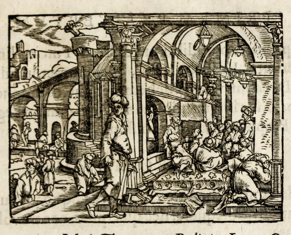An illustration from Chronicorvm Tvrcicorvm, in quibus Tvrcorvm origo, principes, imperatores, bella, praelia, caedes, victoriae, reiqve militaris ratio, et caetera huc pertinentia ... exponuntur; et Mahometicae religionis instituta, iudiciorumq. processus, & aulae constitutio; procerum item ac populi mores, vitaeq. degendae ratio percensetur: accessere, Narratio de Baiazethis filiorvm seditionibvs; Tvrcicarvm item rerum epitome; ... et Iohannis Aventini Liber, in quo causae miseriarum, quibus Christiana respub. premitur, indicantur ... tomvs primvs, 1578, leaf 107
