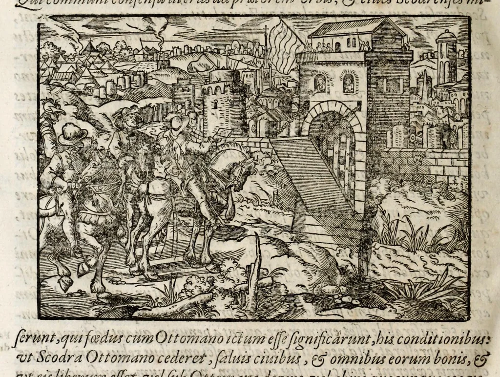 An illustration from Chronicorvm Tvrcicorvm, in quibus Tvrcorvm origo, principes, imperatores, bella, praelia, caedes, victoriae, reiqve militaris ratio, et caetera huc pertinentia ... exponuntur; et Mahometicae religionis instituta, iudiciorumq. processus, & aulae constitutio; procerum item ac populi mores, vitaeq. degendae ratio percensetur: accessere, Narratio de Baiazethis filiorvm seditionibvs; Tvrcicarvm item rerum epitome; ... et Iohannis Aventini Liber, in quo causae miseriarum, quibus Christiana respub. premitur, indicantur ... tomvs primvs, 1578, leaf 1084