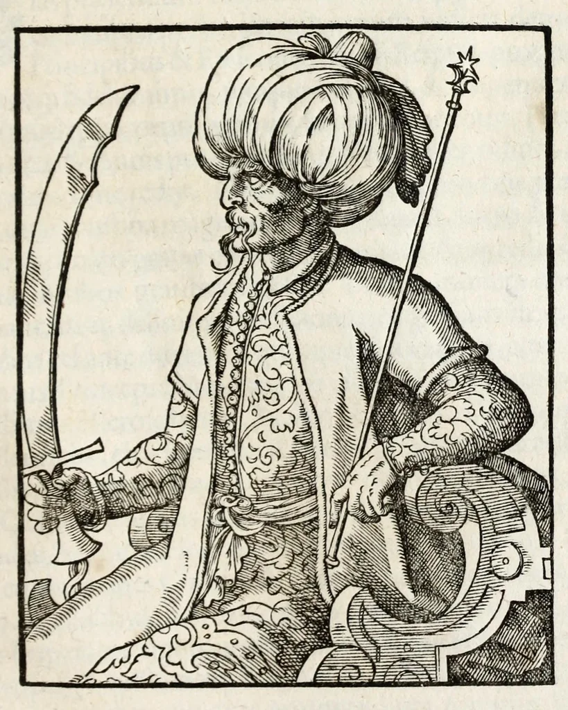 An illustration from Chronicorvm Tvrcicorvm, in quibus Tvrcorvm origo, principes, imperatores, bella, praelia, caedes, victoriae, reiqve militaris ratio, et caetera huc pertinentia ... exponuntur; et Mahometicae religionis instituta, iudiciorumq. processus, & aulae constitutio; procerum item ac populi mores, vitaeq. degendae ratio percensetur: accessere, Narratio de Baiazethis filiorvm seditionibvs; Tvrcicarvm item rerum epitome; ... et Iohannis Aventini Liber, in quo causae miseriarum, quibus Christiana respub. premitur, indicantur ... tomvs primvs, 1578, leaf 241