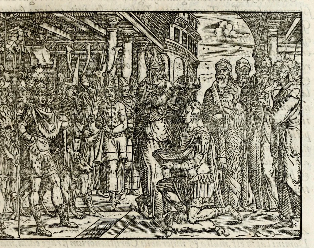 An illustration from Chronicorvm Tvrcicorvm, in quibus Tvrcorvm origo, principes, imperatores, bella, praelia, caedes, victoriae, reiqve militaris ratio, et caetera huc pertinentia ... exponuntur; et Mahometicae religionis instituta, iudiciorumq. processus, & aulae constitutio; procerum item ac populi mores, vitaeq. degendae ratio percensetur: accessere, Narratio de Baiazethis filiorvm seditionibvs; Tvrcicarvm item rerum epitome; ... et Iohannis Aventini Liber, in quo causae miseriarum, quibus Christiana respub. premitur, indicantur ... tomvs primvs, 1578, leaf 27