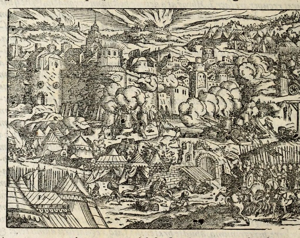 An illustration from Chronicorvm Tvrcicorvm, in quibus Tvrcorvm origo, principes, imperatores, bella, praelia, caedes, victoriae, reiqve militaris ratio, et caetera huc pertinentia ... exponuntur; et Mahometicae religionis instituta, iudiciorumq. processus, & aulae constitutio; procerum item ac populi mores, vitaeq. degendae ratio percensetur: accessere, Narratio de Baiazethis filiorvm seditionibvs; Tvrcicarvm item rerum epitome; ... et Iohannis Aventini Liber, in quo causae miseriarum, quibus Christiana respub. premitur, indicantur ... tomvs primvs, 1578, leaf 306