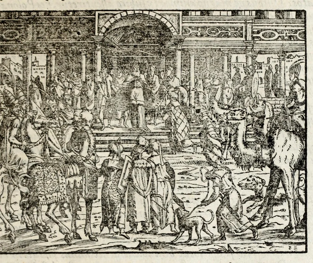 An illustration from Chronicorvm Tvrcicorvm, in quibus Tvrcorvm origo, principes, imperatores, bella, praelia, caedes, victoriae, reiqve militaris ratio, et caetera huc pertinentia ... exponuntur; et Mahometicae religionis instituta, iudiciorumq. processus, & aulae constitutio; procerum item ac populi mores, vitaeq. degendae ratio percensetur: accessere, Narratio de Baiazethis filiorvm seditionibvs; Tvrcicarvm item rerum epitome; ... et Iohannis Aventini Liber, in quo causae miseriarum, quibus Christiana respub. premitur, indicantur ... tomvs primvs, 1578, leaf 343