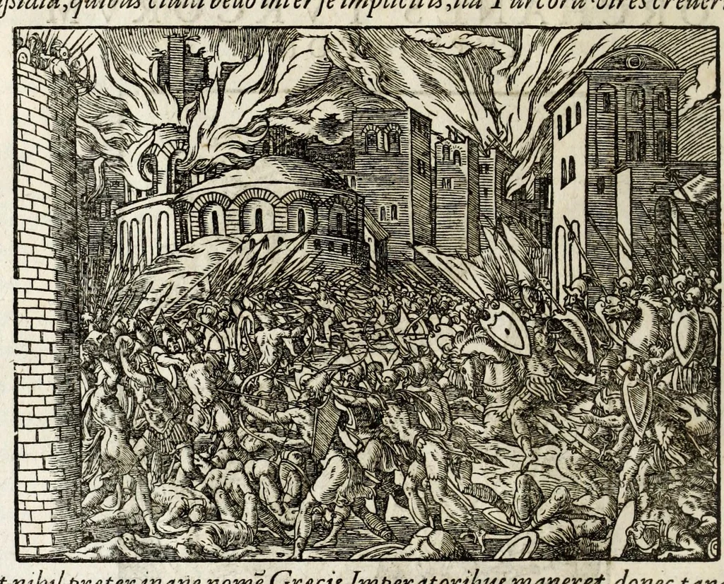 An illustration from Chronicorvm Tvrcicorvm, in quibus Tvrcorvm origo, principes, imperatores, bella, praelia, caedes, victoriae, reiqve militaris ratio, et caetera huc pertinentia ... exponuntur; et Mahometicae religionis instituta, iudiciorumq. processus, & aulae constitutio; procerum item ac populi mores, vitaeq. degendae ratio percensetur: accessere, Narratio de Baiazethis filiorvm seditionibvs; Tvrcicarvm item rerum epitome; ... et Iohannis Aventini Liber, in quo causae miseriarum, quibus Christiana respub. premitur, indicantur ... tomvs primvs, 1578, leaf 36