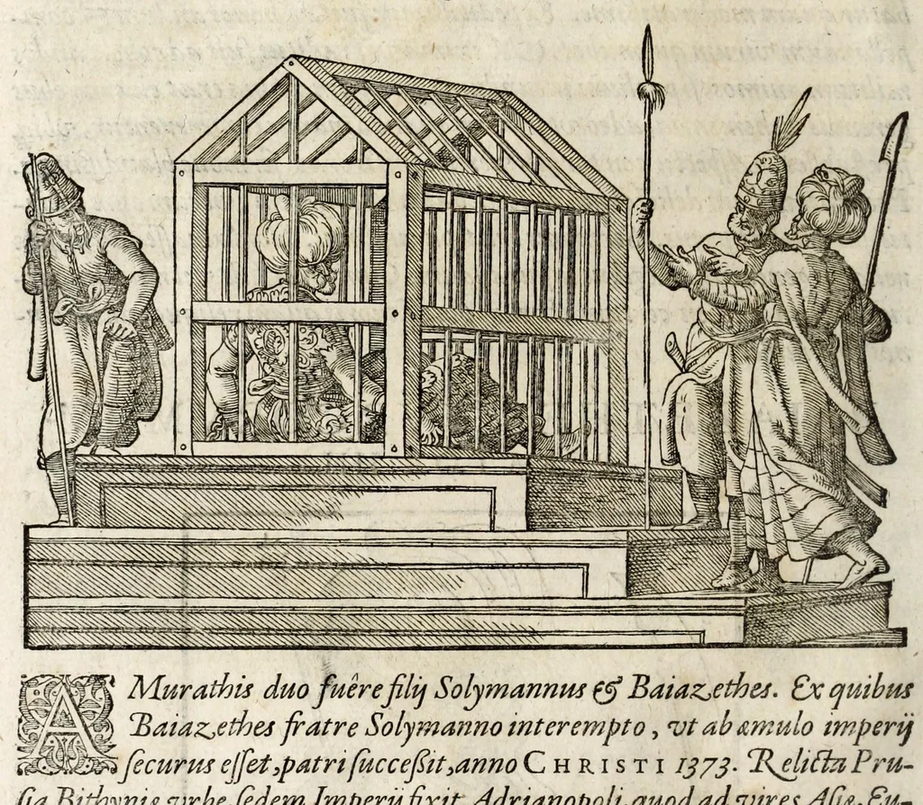 An illustration from Chronicorvm Tvrcicorvm, in quibus Tvrcorvm origo, principes, imperatores, bella, praelia, caedes, victoriae, reiqve militaris ratio, et caetera huc pertinentia ... exponuntur; et Mahometicae religionis instituta, iudiciorumq. processus, & aulae constitutio; procerum item ac populi mores, vitaeq. degendae ratio percensetur: accessere, Narratio de Baiazethis filiorvm seditionibvs; Tvrcicarvm item rerum epitome; ... et Iohannis Aventini Liber, in quo causae miseriarum, quibus Christiana respub. premitur, indicantur ... tomvs primvs, 1578, leaf 40