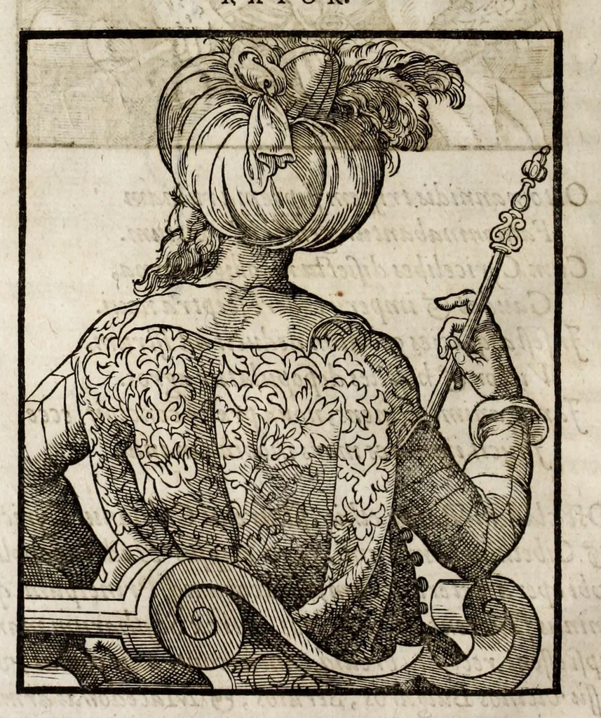 An illustration from Chronicorvm Tvrcicorvm, in quibus Tvrcorvm origo, principes, imperatores, bella, praelia, caedes, victoriae, reiqve militaris ratio, et caetera huc pertinentia ... exponuntur; et Mahometicae religionis instituta, iudiciorumq. processus, & aulae constitutio; procerum item ac populi mores, vitaeq. degendae ratio percensetur: accessere, Narratio de Baiazethis filiorvm seditionibvs; Tvrcicarvm item rerum epitome; ... et Iohannis Aventini Liber, in quo causae miseriarum, quibus Christiana respub. premitur, indicantur ... tomvs primvs, 1578, leaf 48