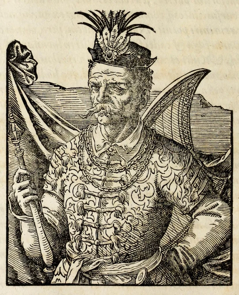 An illustration from Chronicorvm Tvrcicorvm, in quibus Tvrcorvm origo, principes, imperatores, bella, praelia, caedes, victoriae, reiqve militaris ratio, et caetera huc pertinentia ... exponuntur; et Mahometicae religionis instituta, iudiciorumq. processus, & aulae constitutio; procerum item ac populi mores, vitaeq. degendae ratio percensetur: accessere, Narratio de Baiazethis filiorvm seditionibvs; Tvrcicarvm item rerum epitome; ... et Iohannis Aventini Liber, in quo causae miseriarum, quibus Christiana respub. premitur, indicantur ... tomvs primvs, 1578, leaf 54