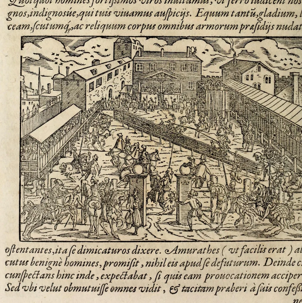 An illustration from Chronicorvm Tvrcicorvm, in quibus Tvrcorvm origo, principes, imperatores, bella, praelia, caedes, victoriae, reiqve militaris ratio, et caetera huc pertinentia ... exponuntur; et Mahometicae religionis instituta, iudiciorumq. processus, & aulae constitutio; procerum item ac populi mores, vitaeq. degendae ratio percensetur: accessere, Narratio de Baiazethis filiorvm seditionibvs; Tvrcicarvm item rerum epitome; ... et Iohannis Aventini Liber, in quo causae miseriarum, quibus Christiana respub. premitur, indicantur ... tomvs primvs, 1578, leaf 556