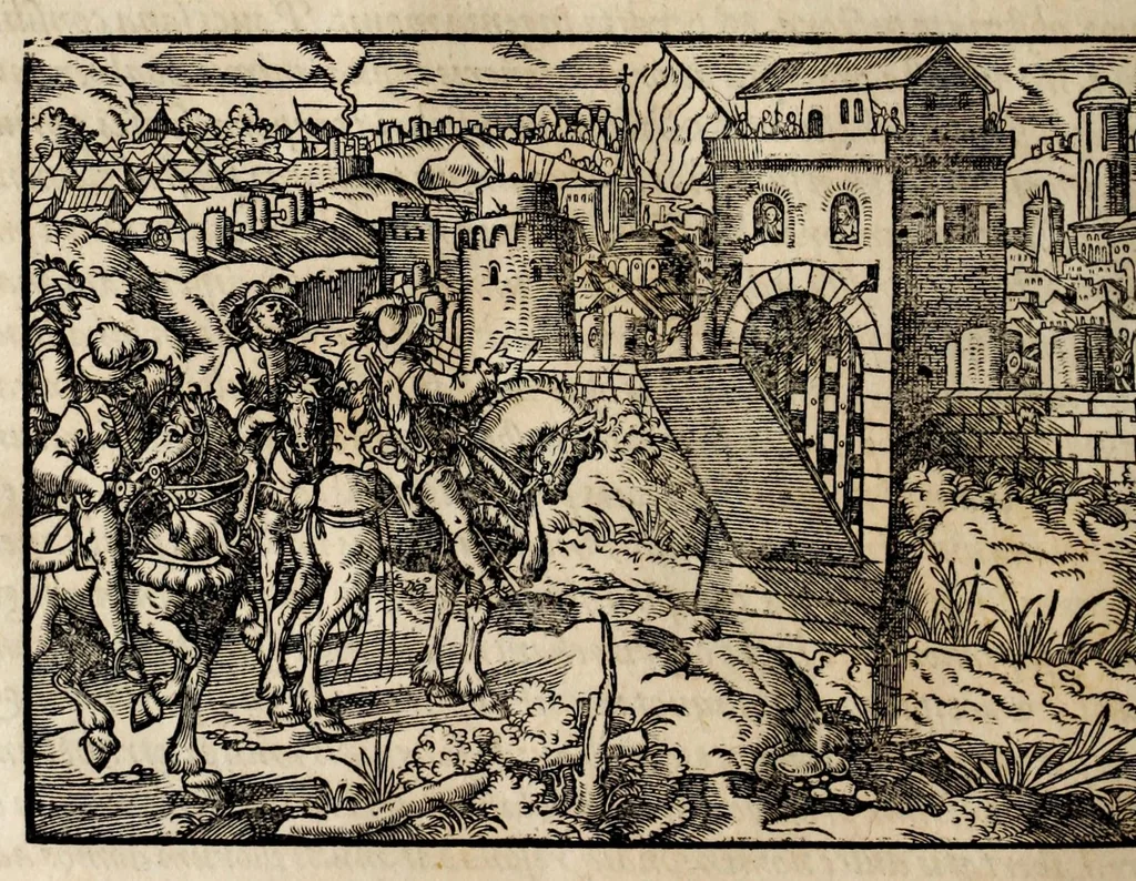 An illustration from Chronicorvm Tvrcicorvm, in quibus Tvrcorvm origo, principes, imperatores, bella, praelia, caedes, victoriae, reiqve militaris ratio, et caetera huc pertinentia ... exponuntur; et Mahometicae religionis instituta, iudiciorumq. processus, & aulae constitutio; procerum item ac populi mores, vitaeq. degendae ratio percensetur: accessere, Narratio de Baiazethis filiorvm seditionibvs; Tvrcicarvm item rerum epitome; ... et Iohannis Aventini Liber, in quo causae miseriarum, quibus Christiana respub. premitur, indicantur ... tomvs primvs, 1578, leaf 570