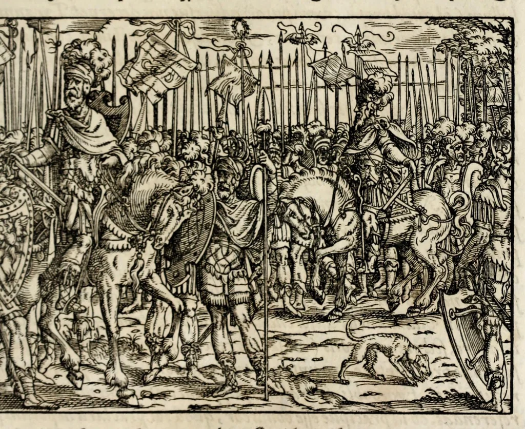 An illustration from Chronicorvm Tvrcicorvm, in quibus Tvrcorvm origo, principes, imperatores, bella, praelia, caedes, victoriae, reiqve militaris ratio, et caetera huc pertinentia ... exponuntur; et Mahometicae religionis instituta, iudiciorumq. processus, & aulae constitutio; procerum item ac populi mores, vitaeq. degendae ratio percensetur: accessere, Narratio de Baiazethis filiorvm seditionibvs; Tvrcicarvm item rerum epitome; ... et Iohannis Aventini Liber, in quo causae miseriarum, quibus Christiana respub. premitur, indicantur ... tomvs primvs, 1578, leaf 581