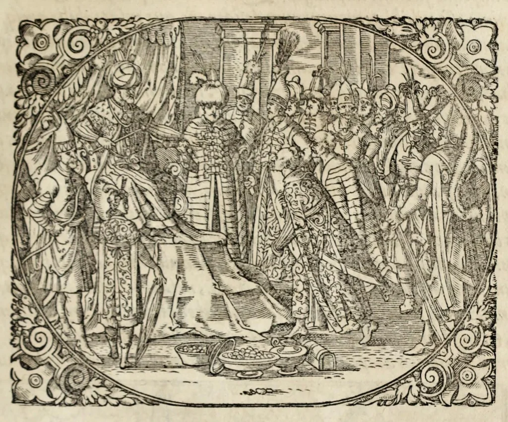 An illustration from Chronicorvm Tvrcicorvm, in quibus Tvrcorvm origo, principes, imperatores, bella, praelia, caedes, victoriae, reiqve militaris ratio, et caetera huc pertinentia ... exponuntur; et Mahometicae religionis instituta, iudiciorumq. processus, & aulae constitutio; procerum item ac populi mores, vitaeq. degendae ratio percensetur: accessere, Narratio de Baiazethis filiorvm seditionibvs; Tvrcicarvm item rerum epitome; ... et Iohannis Aventini Liber, in quo causae miseriarum, quibus Christiana respub. premitur, indicantur ... tomvs primvs, 1578, leaf 585