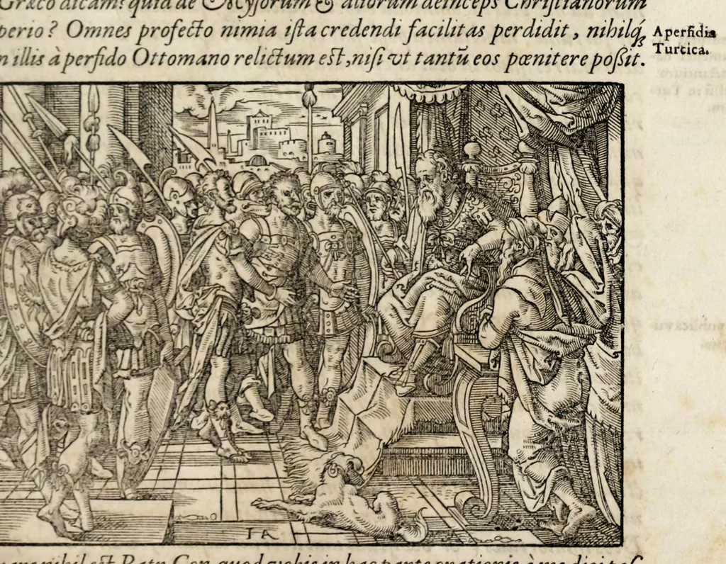 An illustration from Chronicorvm Tvrcicorvm, in quibus Tvrcorvm origo, principes, imperatores, bella, praelia, caedes, victoriae, reiqve militaris ratio, et caetera huc pertinentia ... exponuntur; et Mahometicae religionis instituta, iudiciorumq. processus, & aulae constitutio; procerum item ac populi mores, vitaeq. degendae ratio percensetur: accessere, Narratio de Baiazethis filiorvm seditionibvs; Tvrcicarvm item rerum epitome; ... et Iohannis Aventini Liber, in quo causae miseriarum, quibus Christiana respub. premitur, indicantur ... tomvs primvs, 1578, leaf 595