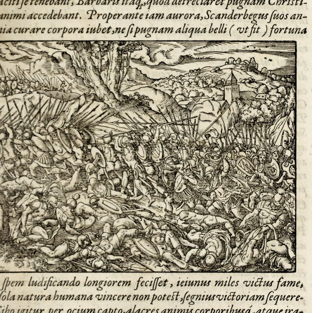 An illustration from Chronicorvm Tvrcicorvm, in quibus Tvrcorvm origo, principes, imperatores, bella, praelia, caedes, victoriae, reiqve militaris ratio, et caetera huc pertinentia ... exponuntur; et Mahometicae religionis instituta, iudiciorumq. processus, & aulae constitutio; procerum item ac populi mores, vitaeq. degendae ratio percensetur: accessere, Narratio de Baiazethis filiorvm seditionibvs; Tvrcicarvm item rerum epitome; ... et Iohannis Aventini Liber, in quo causae miseriarum, quibus Christiana respub. premitur, indicantur ... tomvs primvs, 1578, leaf 609