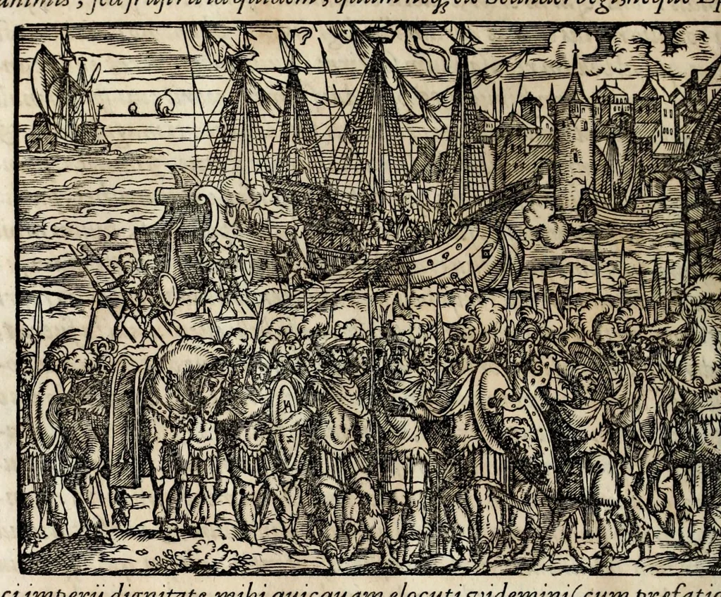 An illustration from Chronicorvm Tvrcicorvm, in quibus Tvrcorvm origo, principes, imperatores, bella, praelia, caedes, victoriae, reiqve militaris ratio, et caetera huc pertinentia ... exponuntur; et Mahometicae religionis instituta, iudiciorumq. processus, & aulae constitutio; procerum item ac populi mores, vitaeq. degendae ratio percensetur: accessere, Narratio de Baiazethis filiorvm seditionibvs; Tvrcicarvm item rerum epitome; ... et Iohannis Aventini Liber, in quo causae miseriarum, quibus Christiana respub. premitur, indicantur ... tomvs primvs, 1578, leaf 618