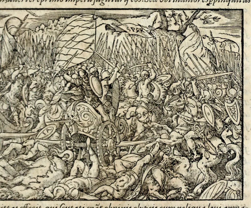 An illustration from Chronicorvm Tvrcicorvm, in quibus Tvrcorvm origo, principes, imperatores, bella, praelia, caedes, victoriae, reiqve militaris ratio, et caetera huc pertinentia ... exponuntur; et Mahometicae religionis instituta, iudiciorumq. processus, & aulae constitutio; procerum item ac populi mores, vitaeq. degendae ratio percensetur: accessere, Narratio de Baiazethis filiorvm seditionibvs; Tvrcicarvm item rerum epitome; ... et Iohannis Aventini Liber, in quo causae miseriarum, quibus Christiana respub. premitur, indicantur ... tomvs primvs, 1578, leaf 649