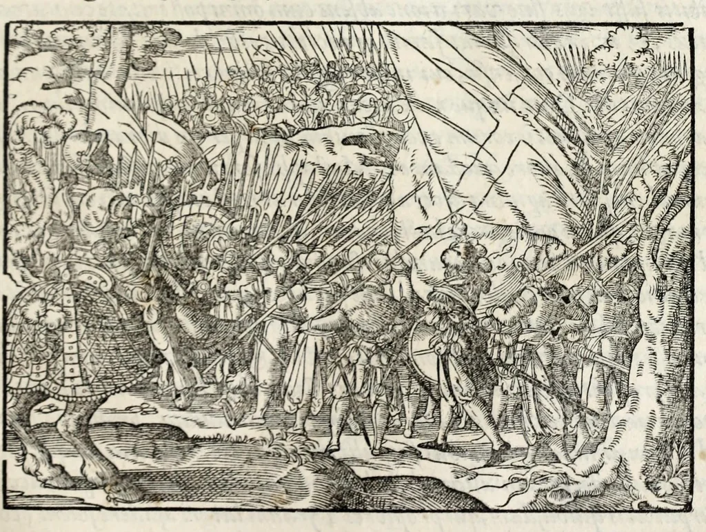An illustration from Chronicorvm Tvrcicorvm, in quibus Tvrcorvm origo, principes, imperatores, bella, praelia, caedes, victoriae, reiqve militaris ratio, et caetera huc pertinentia ... exponuntur; et Mahometicae religionis instituta, iudiciorumq. processus, & aulae constitutio; procerum item ac populi mores, vitaeq. degendae ratio percensetur: accessere, Narratio de Baiazethis filiorvm seditionibvs; Tvrcicarvm item rerum epitome; ... et Iohannis Aventini Liber, in quo causae miseriarum, quibus Christiana respub. premitur, indicantur ... tomvs primvs, 1578, leaf 671