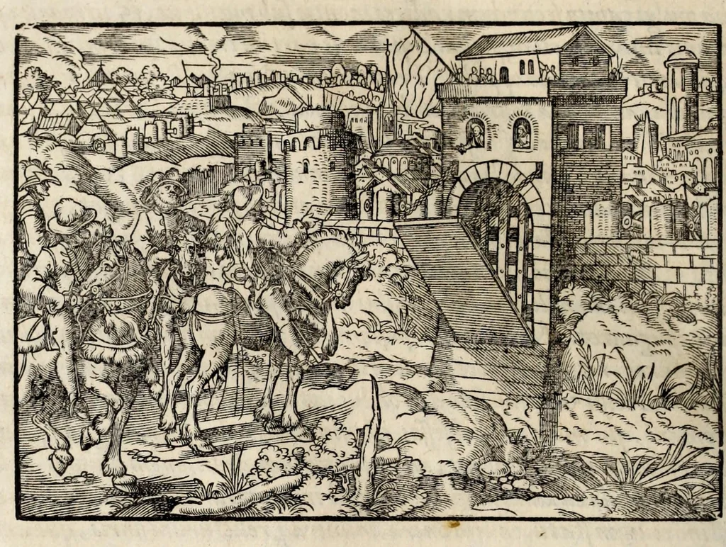 An illustration from Chronicorvm Tvrcicorvm, in quibus Tvrcorvm origo, principes, imperatores, bella, praelia, caedes, victoriae, reiqve militaris ratio, et caetera huc pertinentia ... exponuntur; et Mahometicae religionis instituta, iudiciorumq. processus, & aulae constitutio; procerum item ac populi mores, vitaeq. degendae ratio percensetur: accessere, Narratio de Baiazethis filiorvm seditionibvs; Tvrcicarvm item rerum epitome; ... et Iohannis Aventini Liber, in quo causae miseriarum, quibus Christiana respub. premitur, indicantur ... tomvs primvs, 1578, leaf 690