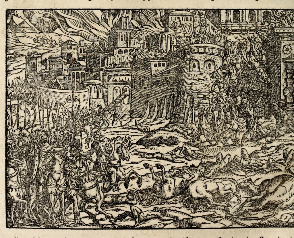 An illustration from Chronicorvm Tvrcicorvm, in quibus Tvrcorvm origo, principes, imperatores, bella, praelia, caedes, victoriae, reiqve militaris ratio, et caetera huc pertinentia ... exponuntur; et Mahometicae religionis instituta, iudiciorumq. processus, & aulae constitutio; procerum item ac populi mores, vitaeq. degendae ratio percensetur: accessere, Narratio de Baiazethis filiorvm seditionibvs; Tvrcicarvm item rerum epitome; ... et Iohannis Aventini Liber, in quo causae miseriarum, quibus Christiana respub. premitur, indicantur ... tomvs primvs, 1578, leaf 708
