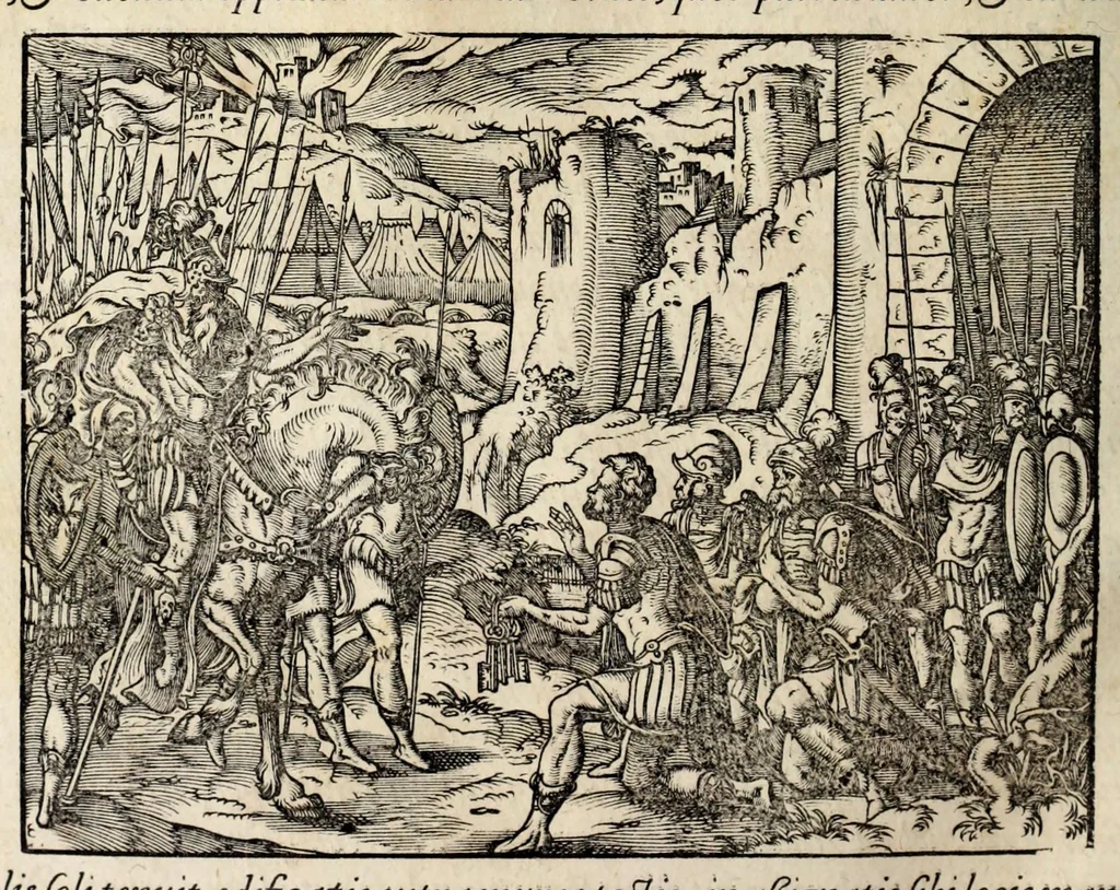 An illustration from Chronicorvm Tvrcicorvm, in quibus Tvrcorvm origo, principes, imperatores, bella, praelia, caedes, victoriae, reiqve militaris ratio, et caetera huc pertinentia ... exponuntur; et Mahometicae religionis instituta, iudiciorumq. processus, & aulae constitutio; procerum item ac populi mores, vitaeq. degendae ratio percensetur: accessere, Narratio de Baiazethis filiorvm seditionibvs; Tvrcicarvm item rerum epitome; ... et Iohannis Aventini Liber, in quo causae miseriarum, quibus Christiana respub. premitur, indicantur ... tomvs primvs, 1578, leaf 724
