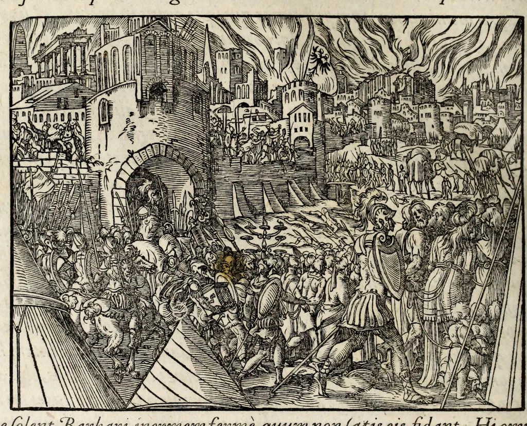 An illustration from Chronicorvm Tvrcicorvm, in quibus Tvrcorvm origo, principes, imperatores, bella, praelia, caedes, victoriae, reiqve militaris ratio, et caetera huc pertinentia ... exponuntur; et Mahometicae religionis instituta, iudiciorumq. processus, & aulae constitutio; procerum item ac populi mores, vitaeq. degendae ratio percensetur: accessere, Narratio de Baiazethis filiorvm seditionibvs; Tvrcicarvm item rerum epitome; ... et Iohannis Aventini Liber, in quo causae miseriarum, quibus Christiana respub. premitur, indicantur ... tomvs primvs, 1578, leaf 756