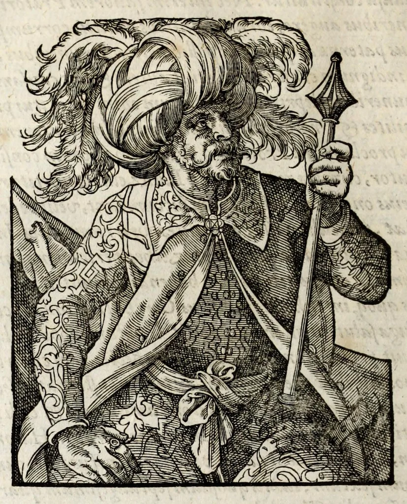 An illustration from Chronicorvm Tvrcicorvm, in quibus Tvrcorvm origo, principes, imperatores, bella, praelia, caedes, victoriae, reiqve militaris ratio, et caetera huc pertinentia ... exponuntur; et Mahometicae religionis instituta, iudiciorumq. processus, & aulae constitutio; procerum item ac populi mores, vitaeq. degendae ratio percensetur: accessere, Narratio de Baiazethis filiorvm seditionibvs; Tvrcicarvm item rerum epitome; ... et Iohannis Aventini Liber, in quo causae miseriarum, quibus Christiana respub. premitur, indicantur ... tomvs primvs, 1578, leaf 76