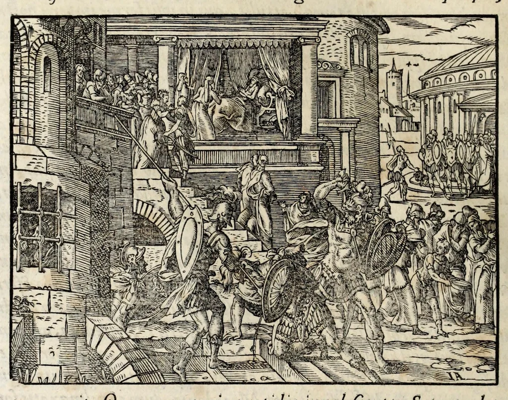 An illustration from Chronicorvm Tvrcicorvm, in quibus Tvrcorvm origo, principes, imperatores, bella, praelia, caedes, victoriae, reiqve militaris ratio, et caetera huc pertinentia ... exponuntur; et Mahometicae religionis instituta, iudiciorumq. processus, & aulae constitutio; procerum item ac populi mores, vitaeq. degendae ratio percensetur: accessere, Narratio de Baiazethis filiorvm seditionibvs; Tvrcicarvm item rerum epitome; ... et Iohannis Aventini Liber, in quo causae miseriarum, quibus Christiana respub. premitur, indicantur ... tomvs primvs, 1578, leaf 778