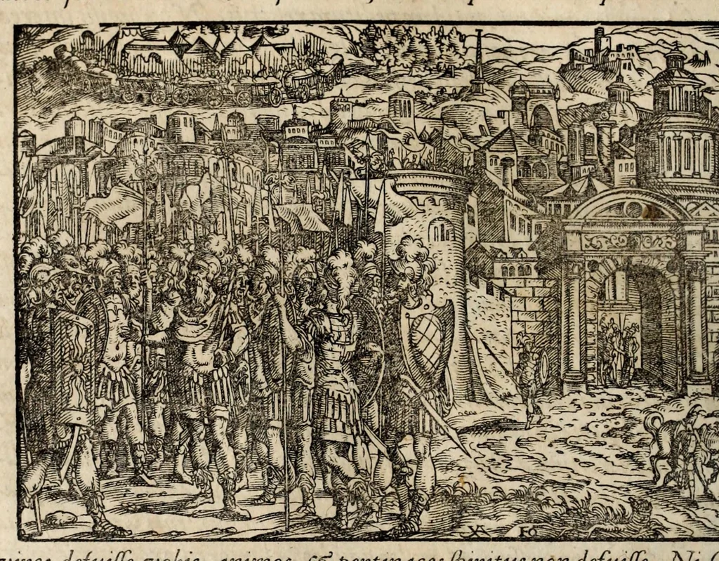 An illustration from Chronicorvm Tvrcicorvm, in quibus Tvrcorvm origo, principes, imperatores, bella, praelia, caedes, victoriae, reiqve militaris ratio, et caetera huc pertinentia ... exponuntur; et Mahometicae religionis instituta, iudiciorumq. processus, & aulae constitutio; procerum item ac populi mores, vitaeq. degendae ratio percensetur: accessere, Narratio de Baiazethis filiorvm seditionibvs; Tvrcicarvm item rerum epitome; ... et Iohannis Aventini Liber, in quo causae miseriarum, quibus Christiana respub. premitur, indicantur ... tomvs primvs, 1578, leaf 816