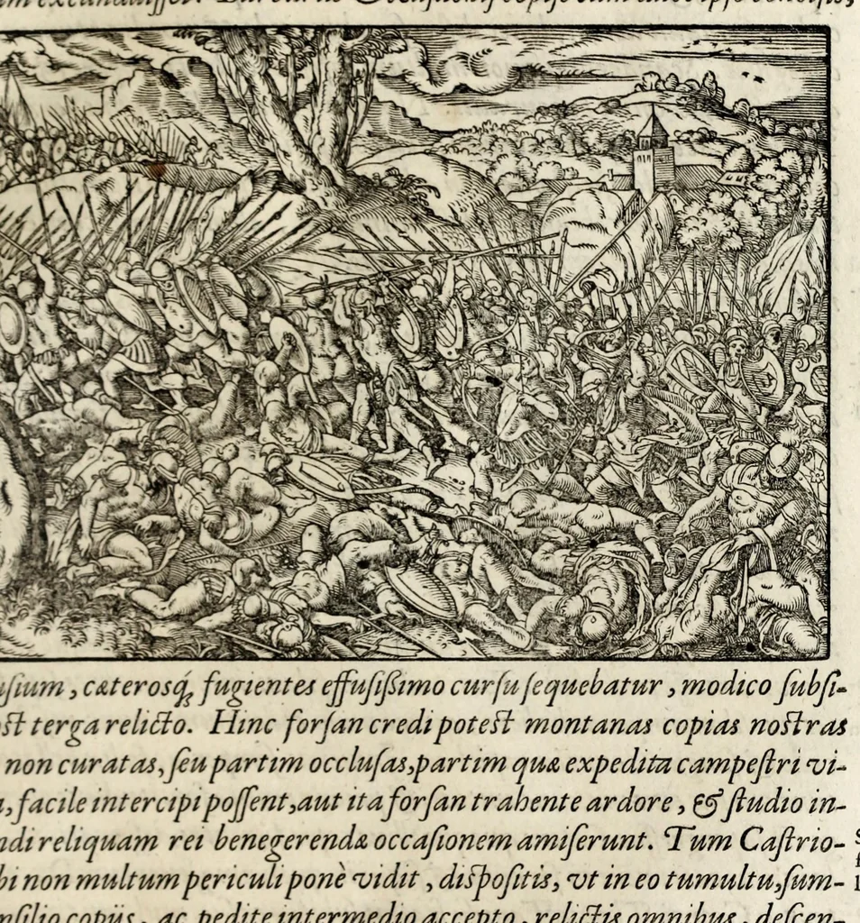 An illustration from Chronicorvm Tvrcicorvm, in quibus Tvrcorvm origo, principes, imperatores, bella, praelia, caedes, victoriae, reiqve militaris ratio, et caetera huc pertinentia ... exponuntur; et Mahometicae religionis instituta, iudiciorumq. processus, & aulae constitutio; procerum item ac populi mores, vitaeq. degendae ratio percensetur: accessere, Narratio de Baiazethis filiorvm seditionibvs; Tvrcicarvm item rerum epitome; ... et Iohannis Aventini Liber, in quo causae miseriarum, quibus Christiana respub. premitur, indicantur ... tomvs primvs, 1578, leaf 831