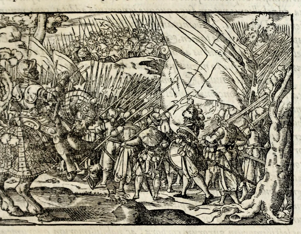 An illustration from Chronicorvm Tvrcicorvm, in quibus Tvrcorvm origo, principes, imperatores, bella, praelia, caedes, victoriae, reiqve militaris ratio, et caetera huc pertinentia ... exponuntur; et Mahometicae religionis instituta, iudiciorumq. processus, & aulae constitutio; procerum item ac populi mores, vitaeq. degendae ratio percensetur: accessere, Narratio de Baiazethis filiorvm seditionibvs; Tvrcicarvm item rerum epitome; ... et Iohannis Aventini Liber, in quo causae miseriarum, quibus Christiana respub. premitur, indicantur ... tomvs primvs, 1578, leaf 849