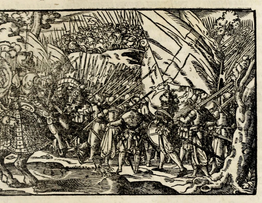An illustration from Chronicorvm Tvrcicorvm, in quibus Tvrcorvm origo, principes, imperatores, bella, praelia, caedes, victoriae, reiqve militaris ratio, et caetera huc pertinentia ... exponuntur; et Mahometicae religionis instituta, iudiciorumq. processus, & aulae constitutio; procerum item ac populi mores, vitaeq. degendae ratio percensetur: accessere, Narratio de Baiazethis filiorvm seditionibvs; Tvrcicarvm item rerum epitome; ... et Iohannis Aventini Liber, in quo causae miseriarum, quibus Christiana respub. premitur, indicantur ... tomvs primvs, 1578, leaf 863