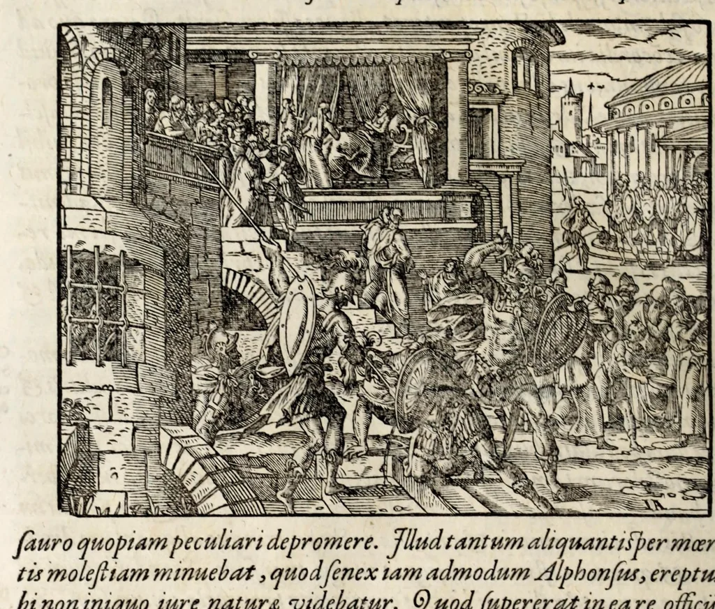 An illustration from Chronicorvm Tvrcicorvm, in quibus Tvrcorvm origo, principes, imperatores, bella, praelia, caedes, victoriae, reiqve militaris ratio, et caetera huc pertinentia ... exponuntur; et Mahometicae religionis instituta, iudiciorumq. processus, & aulae constitutio; procerum item ac populi mores, vitaeq. degendae ratio percensetur: accessere, Narratio de Baiazethis filiorvm seditionibvs; Tvrcicarvm item rerum epitome; ... et Iohannis Aventini Liber, in quo causae miseriarum, quibus Christiana respub. premitur, indicantur ... tomvs primvs, 1578, leaf 890
