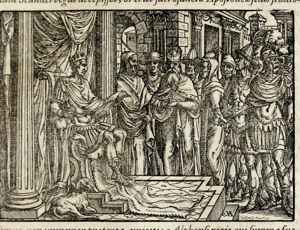 An illustration from Chronicorvm Tvrcicorvm, in quibus Tvrcorvm origo, principes, imperatores, bella, praelia, caedes, victoriae, reiqve militaris ratio, et caetera huc pertinentia ... exponuntur; et Mahometicae religionis instituta, iudiciorumq. processus, & aulae constitutio; procerum item ac populi mores, vitaeq. degendae ratio percensetur: accessere, Narratio de Baiazethis filiorvm seditionibvs; Tvrcicarvm item rerum epitome; ... et Iohannis Aventini Liber, in quo causae miseriarum, quibus Christiana respub. premitur, indicantur ... tomvs primvs, 1578, leaf 897