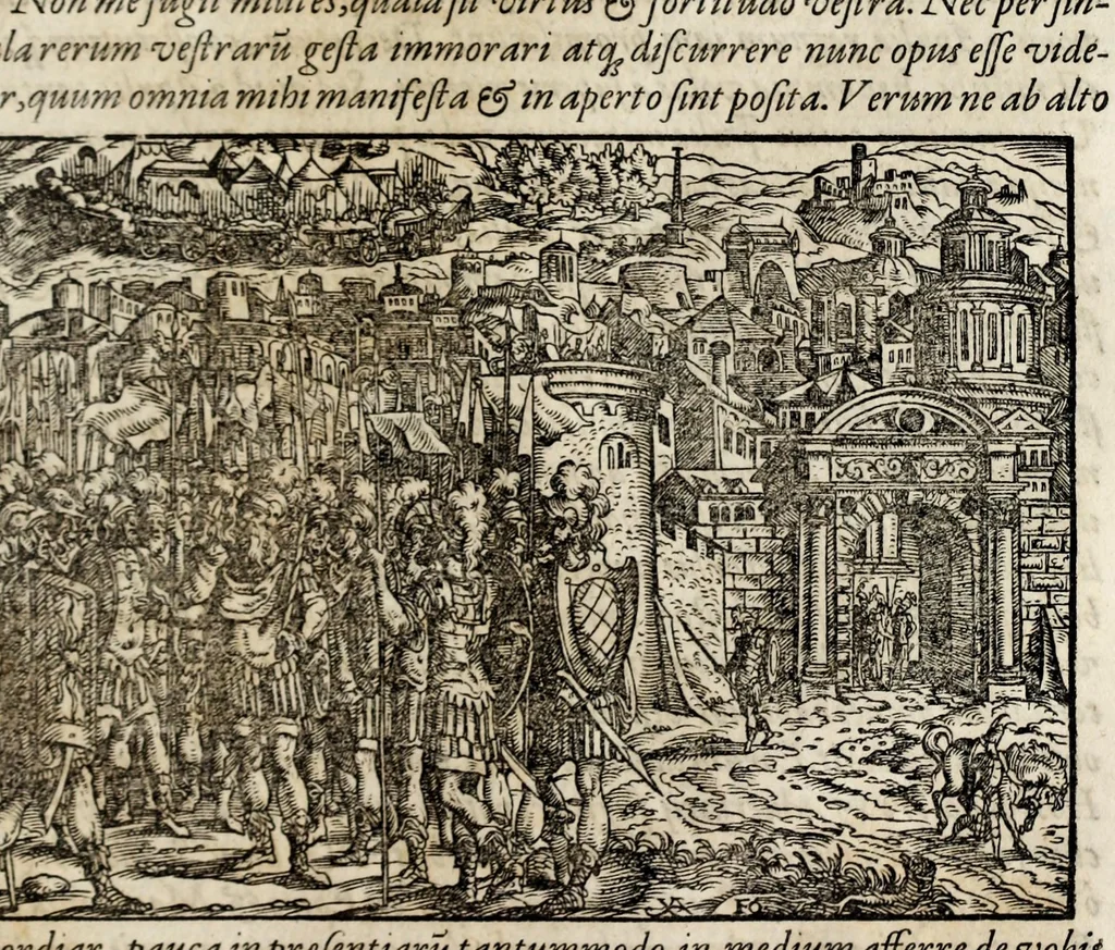 An illustration from Chronicorvm Tvrcicorvm, in quibus Tvrcorvm origo, principes, imperatores, bella, praelia, caedes, victoriae, reiqve militaris ratio, et caetera huc pertinentia ... exponuntur; et Mahometicae religionis instituta, iudiciorumq. processus, & aulae constitutio; procerum item ac populi mores, vitaeq. degendae ratio percensetur: accessere, Narratio de Baiazethis filiorvm seditionibvs; Tvrcicarvm item rerum epitome; ... et Iohannis Aventini Liber, in quo causae miseriarum, quibus Christiana respub. premitur, indicantur ... tomvs primvs, 1578, leaf 913