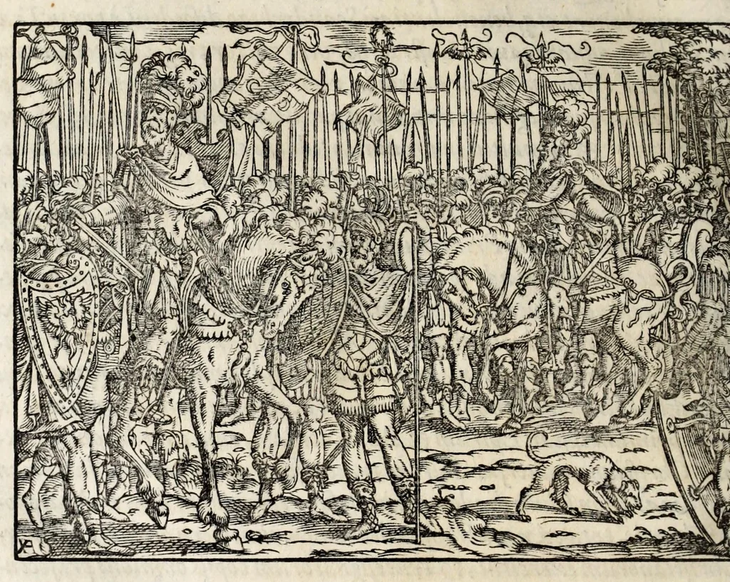 An illustration from Chronicorvm Tvrcicorvm, in quibus Tvrcorvm origo, principes, imperatores, bella, praelia, caedes, victoriae, reiqve militaris ratio, et caetera huc pertinentia ... exponuntur; et Mahometicae religionis instituta, iudiciorumq. processus, & aulae constitutio; procerum item ac populi mores, vitaeq. degendae ratio percensetur: accessere, Narratio de Baiazethis filiorvm seditionibvs; Tvrcicarvm item rerum epitome; ... et Iohannis Aventini Liber, in quo causae miseriarum, quibus Christiana respub. premitur, indicantur ... tomvs primvs, 1578, leaf 922