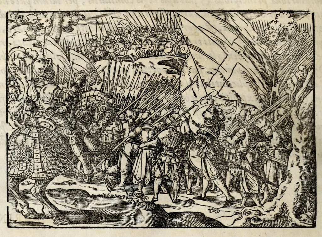 An illustration from Chronicorvm Tvrcicorvm, in quibus Tvrcorvm origo, principes, imperatores, bella, praelia, caedes, victoriae, reiqve militaris ratio, et caetera huc pertinentia ... exponuntur; et Mahometicae religionis instituta, iudiciorumq. processus, & aulae constitutio; procerum item ac populi mores, vitaeq. degendae ratio percensetur: accessere, Narratio de Baiazethis filiorvm seditionibvs; Tvrcicarvm item rerum epitome; ... et Iohannis Aventini Liber, in quo causae miseriarum, quibus Christiana respub. premitur, indicantur ... tomvs primvs, 1578, leaf 926