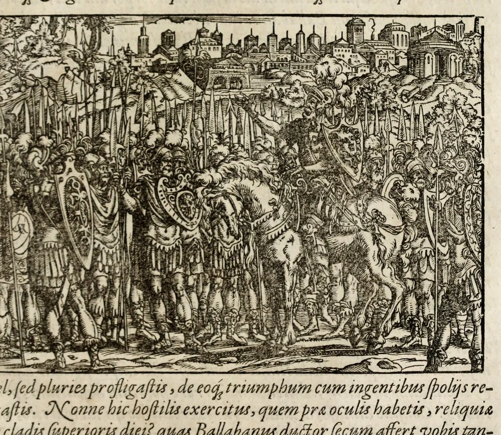 An illustration from Chronicorvm Tvrcicorvm, in quibus Tvrcorvm origo, principes, imperatores, bella, praelia, caedes, victoriae, reiqve militaris ratio, et caetera huc pertinentia ... exponuntur; et Mahometicae religionis instituta, iudiciorumq. processus, & aulae constitutio; procerum item ac populi mores, vitaeq. degendae ratio percensetur: accessere, Narratio de Baiazethis filiorvm seditionibvs; Tvrcicarvm item rerum epitome; ... et Iohannis Aventini Liber, in quo causae miseriarum, quibus Christiana respub. premitur, indicantur ... tomvs primvs, 1578, leaf 973