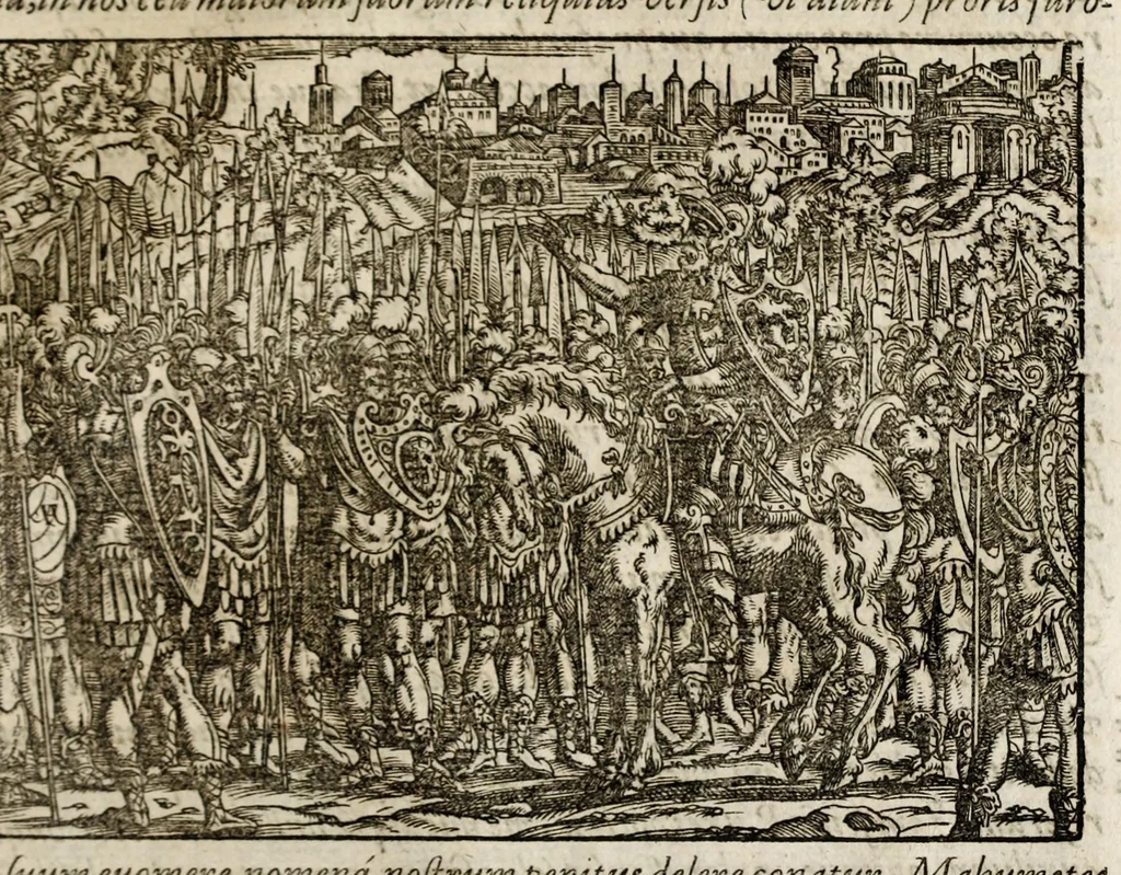 An illustration from Chronicorvm Tvrcicorvm, in quibus Tvrcorvm origo, principes, imperatores, bella, praelia, caedes, victoriae, reiqve militaris ratio, et caetera huc pertinentia ... exponuntur; et Mahometicae religionis instituta, iudiciorumq. processus, & aulae constitutio; procerum item ac populi mores, vitaeq. degendae ratio percensetur: accessere, Narratio de Baiazethis filiorvm seditionibvs; Tvrcicarvm item rerum epitome; ... et Iohannis Aventini Liber, in quo causae miseriarum, quibus Christiana respub. premitur, indicantur ... tomvs primvs, 1578, leaf 987