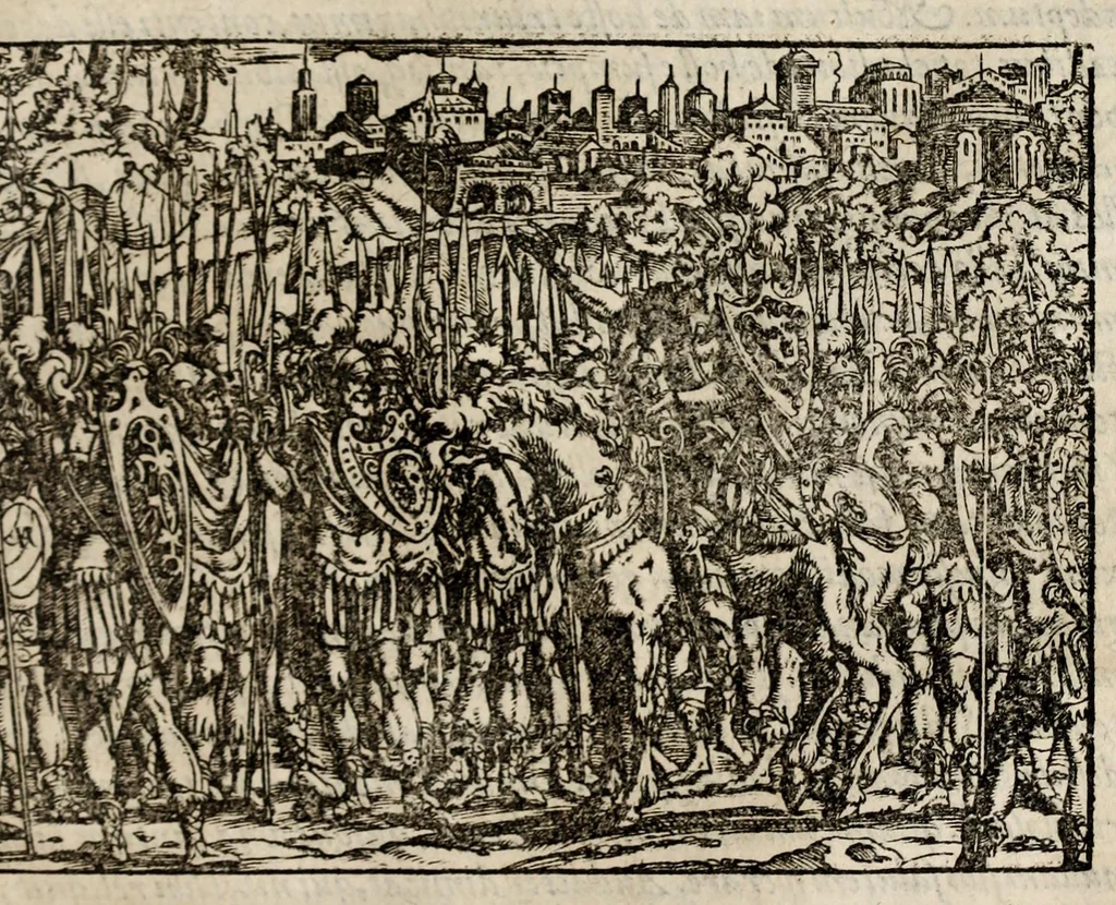 An illustration from Chronicorvm Tvrcicorvm, in quibus Tvrcorvm origo, principes, imperatores, bella, praelia, caedes, victoriae, reiqve militaris ratio, et caetera huc pertinentia ... exponuntur; et Mahometicae religionis instituta, iudiciorumq. processus, & aulae constitutio; procerum item ac populi mores, vitaeq. degendae ratio percensetur: accessere, Narratio de Baiazethis filiorvm seditionibvs; Tvrcicarvm item rerum epitome; ... et Iohannis Aventini Liber, in quo causae miseriarum, quibus Christiana respub. premitur, indicantur ... tomvs primvs, 1578, leaf 995