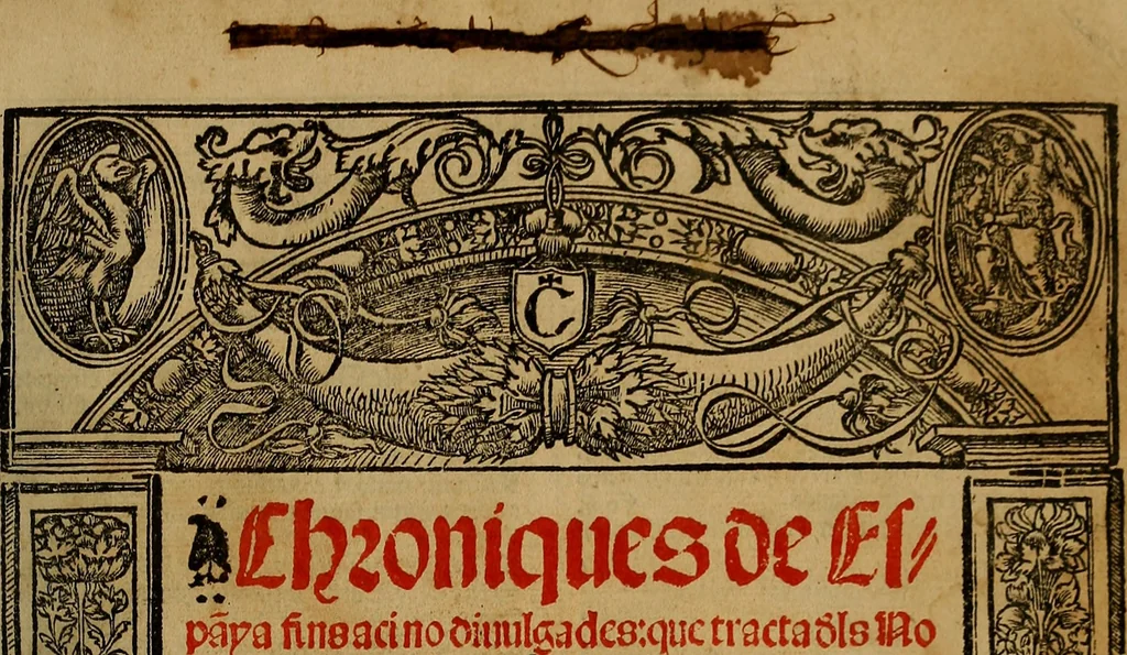 An illustration from Chroniques de Espãya fins aci no divulgades : que tracta d'Is Noblese e Inuictissims Reys dels Gots: y gestes de aquells: y dels Gotes de Barcelona: e Reys de Arago: ab moltes coses dignes de perpetua memoria, 1547, leaf 4
