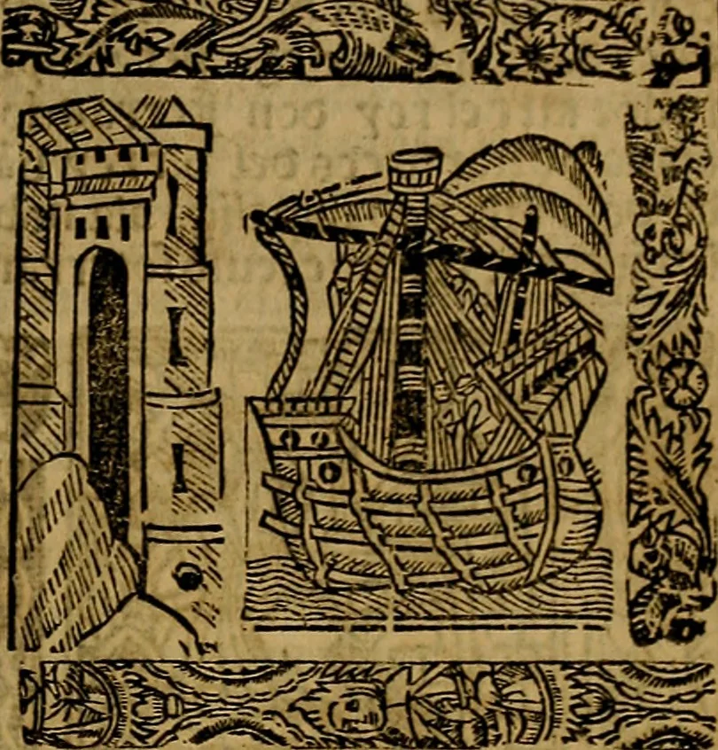An illustration from Chroniques de Espãya fins aci no divulgades : que tracta d'Is Noblese e Inuictissims Reys dels Gots: y gestes de aquells: y dels Gotes de Barcelona: e Reys de Arago: ab moltes coses dignes de perpetua memoria, 1547, leaf 50