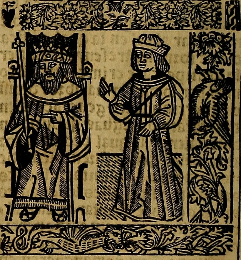 An illustration from Chroniques de Espãya fins aci no divulgades : que tracta d'Is Noblese e Inuictissims Reys dels Gots: y gestes de aquells: y dels Gotes de Barcelona: e Reys de Arago: ab moltes coses dignes de perpetua memoria, 1547, leaf 53