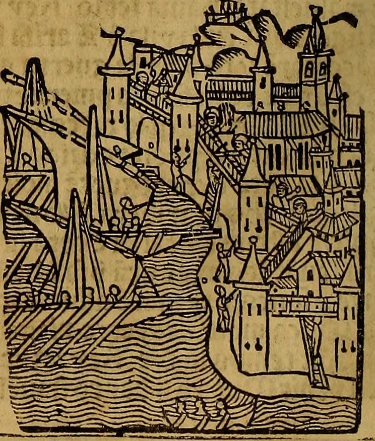 An illustration from Chroniques de Espãya fins aci no divulgades : que tracta d'Is Noblese e Inuictissims Reys dels Gots: y gestes de aquells: y dels Gotes de Barcelona: e Reys de Arago: ab moltes coses dignes de perpetua memoria, 1547, leaf 57