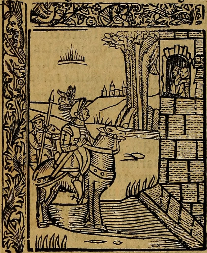 An illustration from Chroniques de Espãya fins aci no divulgades : que tracta d'Is Noblese e Inuictissims Reys dels Gots: y gestes de aquells: y dels Gotes de Barcelona: e Reys de Arago: ab moltes coses dignes de perpetua memoria, 1547, leaf 77