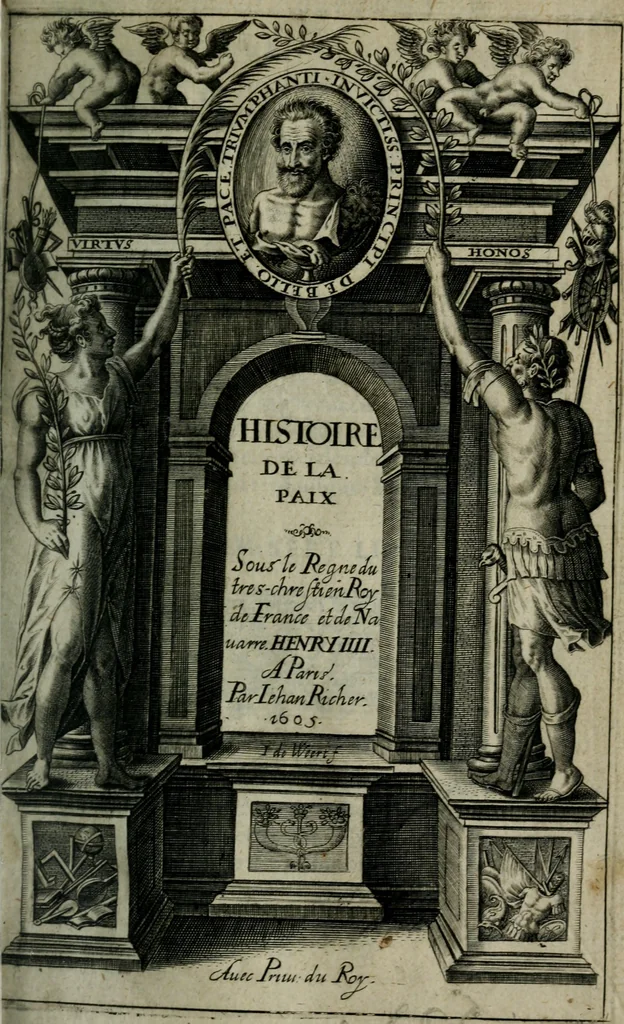 An illustration from Chronologie septenaire de l'histoire de la paix entre les roys de France et d'Espagne : contenant les choses plus memorables aduenuës en France, Espagne, Allemagne, Italie, Angleterre, Escosse, Flandres, Hongrie, Pologne, Suece, Transsyluanie, [et] autres endroits de l'Europe: auec le succez aux Indes Orientales, Occidentales [et] Septentrionales, depuis le commencement de l'an 1598 iusques à la fin de l'an 1604. Divisee en sept livres, 1605, leaf 4