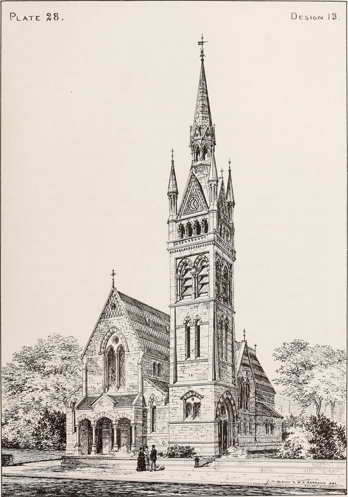 An illustration from Church architecture. Illustrated with thirty-five lithographic plates, from original designs, 1871, leaf 214