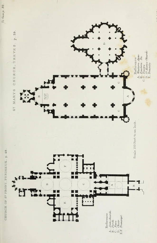 An illustration from Church and conventual arrangement. With copious references, a complete glossary, and an index. And illustrated by a series of ground-plans and plates of the arrangements of churches in different countries and at successive periods, and of the conventual plans adopted by the various orders, 1861, leaf 142