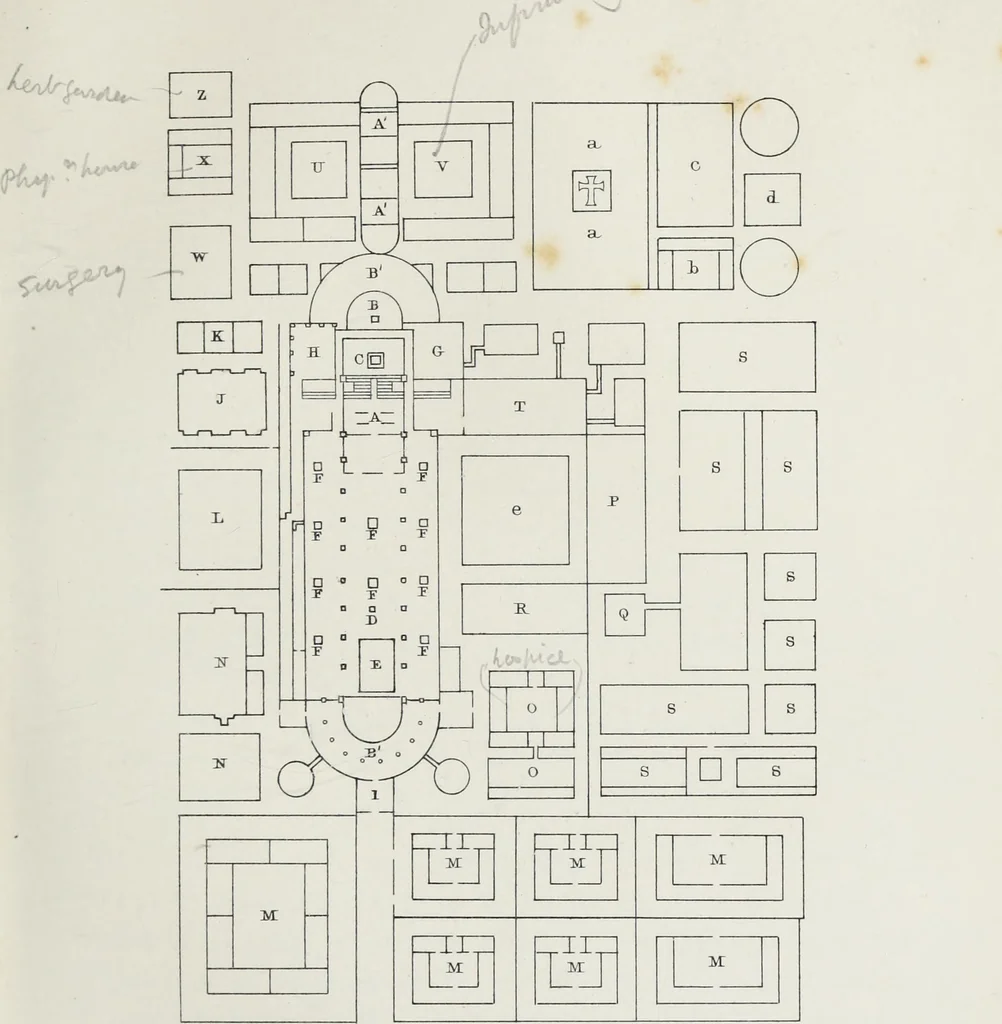 An illustration from Church and conventual arrangement. With copious references, a complete glossary, and an index. And illustrated by a series of ground-plans and plates of the arrangements of churches in different countries and at successive periods, and of the conventual plans adopted by the various orders, 1861, leaf 164